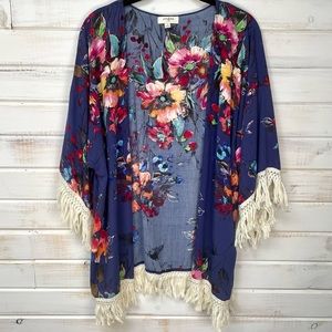 Umgee blue floral kimono with ivory Fringe - Size S